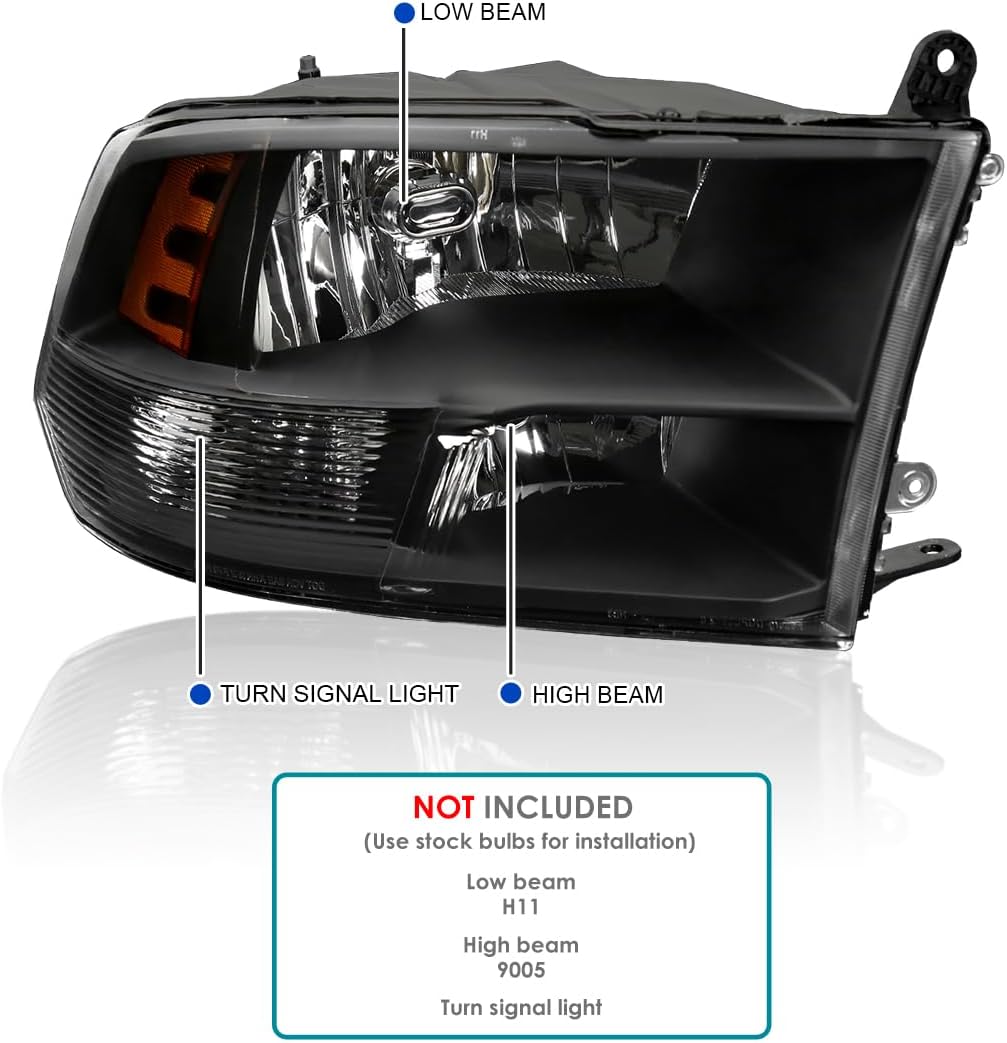 SPEC-D TUNING Black Quad Headlights Compatible with 2009-2018 Dodge Ram 1500/2500/3500 Left + Right Pair Head Lights Lamp Assembly
