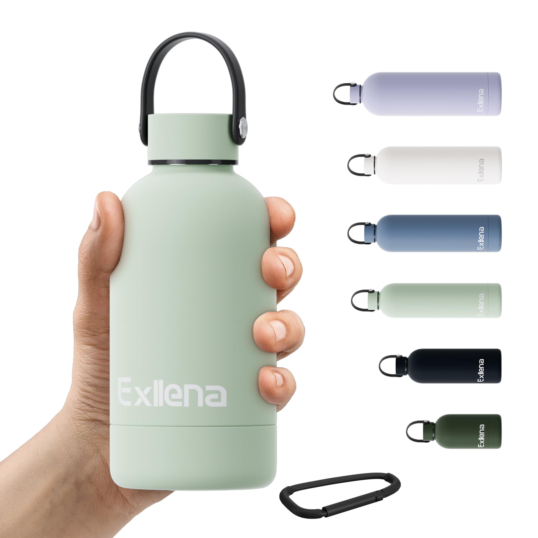 Exllena Borraccia Termica Piccola 350ml con Maniglia e Moschettone - Mini Borraccia Mantenere Calore/Freddo - Senza BPA - 100% A Tenuta Stagna per Escursioni, Campeggio, Viaggi...(Verde Latte)