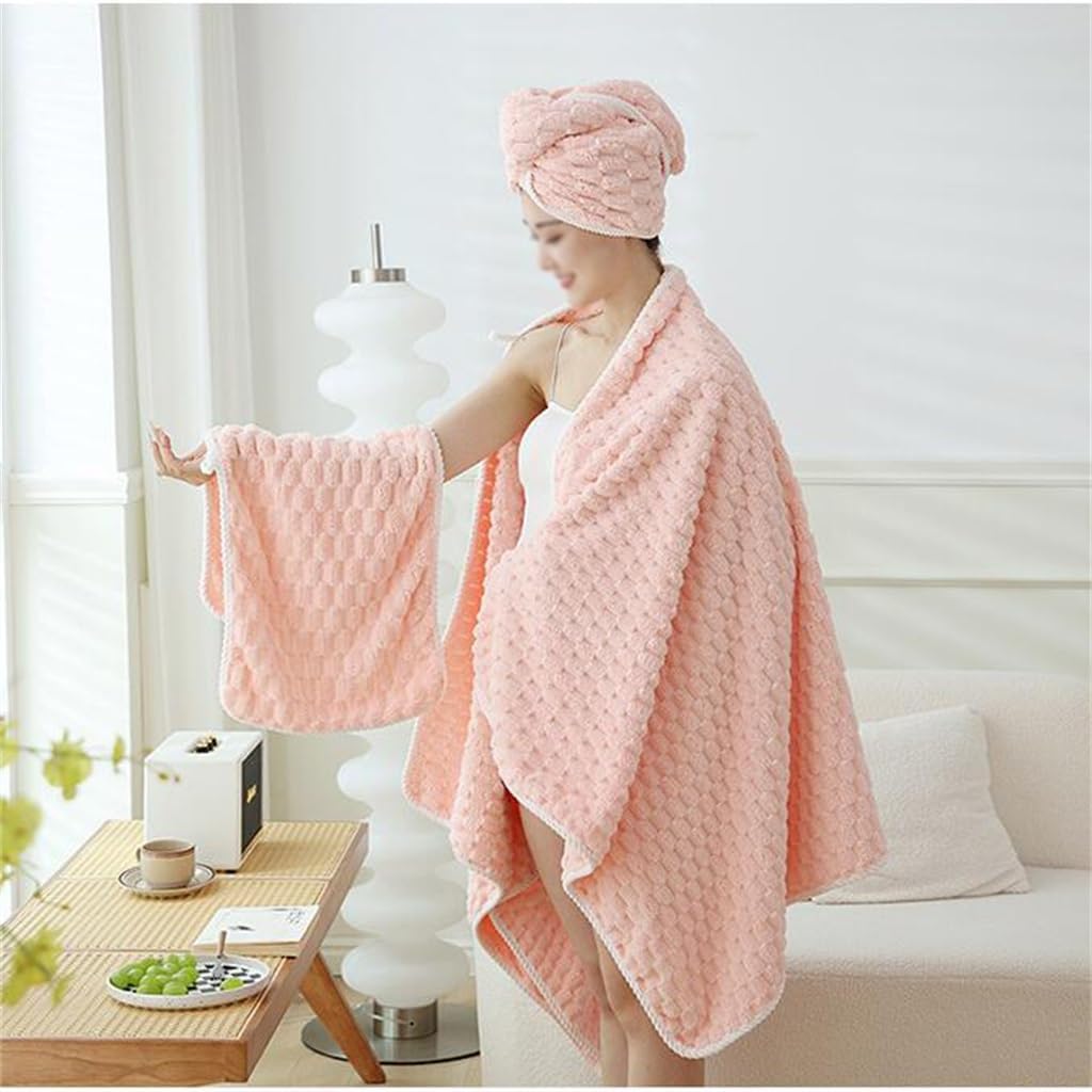 Towel, Shower Cap, 3-piece Set, Thickened and Non Shedding Coral Velvet Cloud Plaid