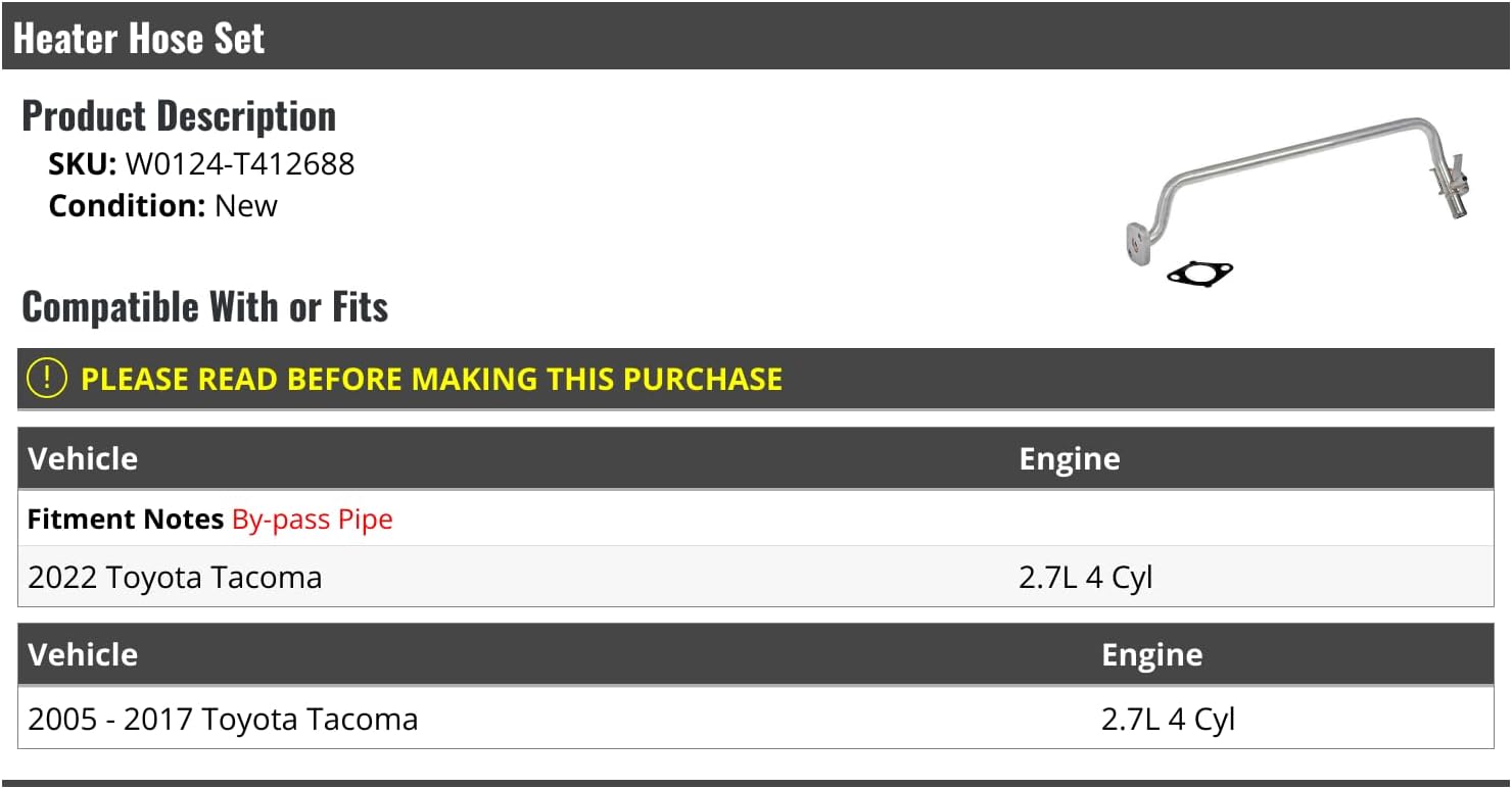 Heater Hose Set - Compatible with 2005-2017, 2022 Toyota Tacoma 2.7L 4-Cylinder