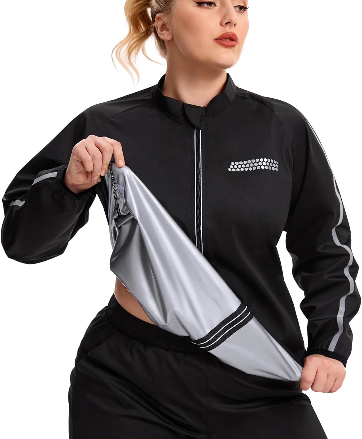 NINGMI Sauna Jackets Women Plus Size Sweat Suit Zipper Sauna Shirt Long Sleeve Body Shaper Gym Exercise Top with 1XL-5XL