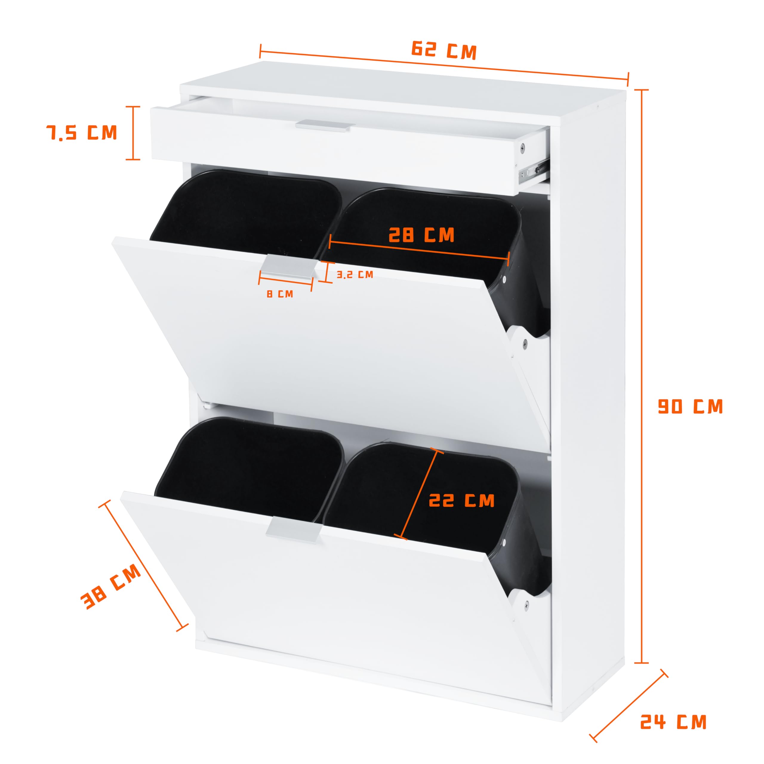 Mülleimerschrank Mülltrennsystem 4fach, Müllschrank Organizer für Küche, Abfalleimer Küche mit 4×10L, Mülleimer ausziehbar unter Spüle Alternative mit Schublade Weiß
