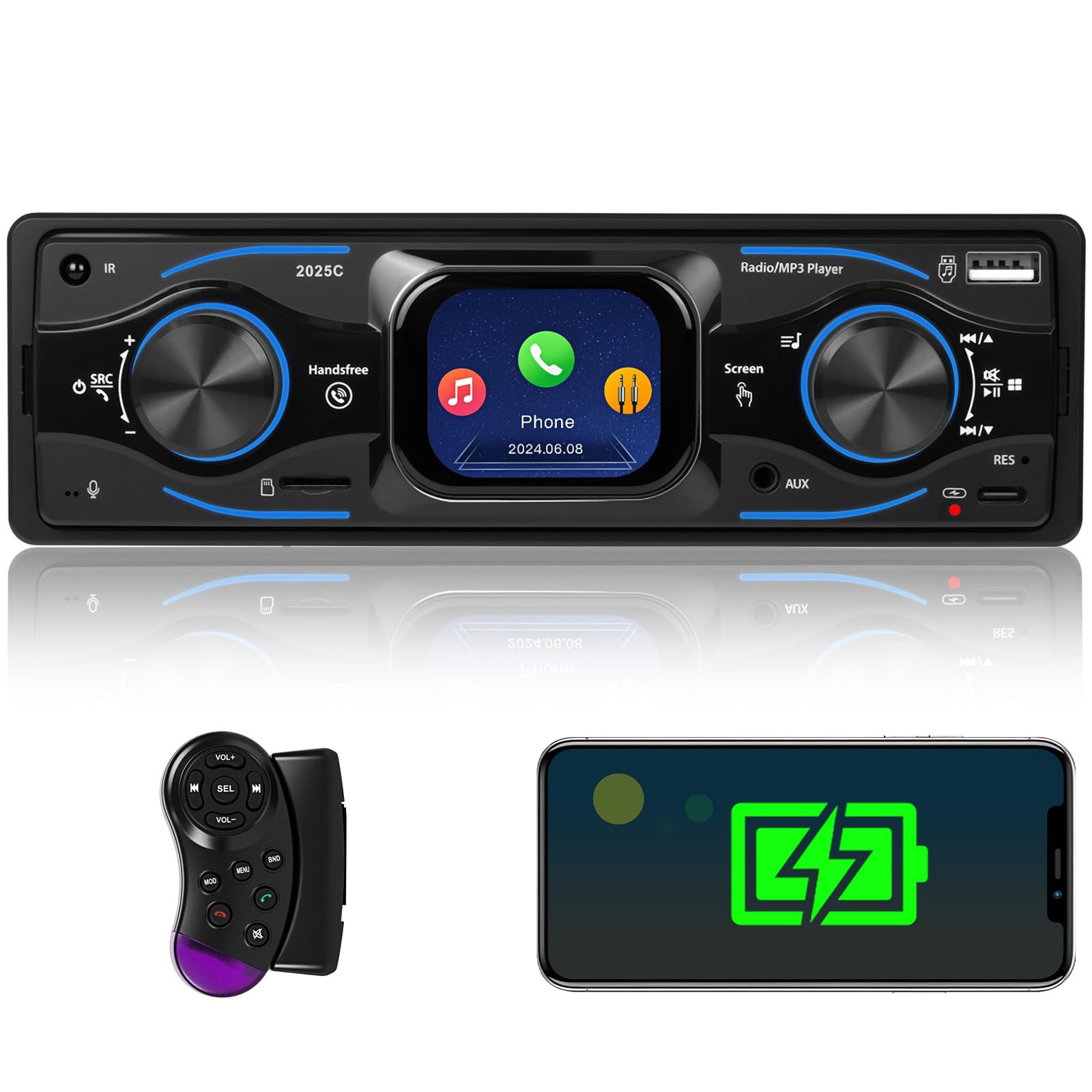Single Din Car Stereo Marine Radio Bluetooth Multimedia Car Audio Receiver with Digital LCD Display FM Car Radio USB/Type-C/SD/AUX-In MP3 Player Lossless Sound Quality Quick Charge+ SWC