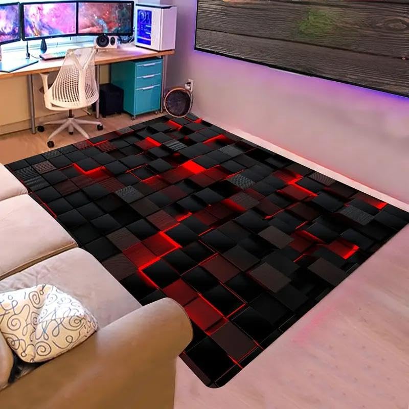 Bycmuoz 3D Trippy Red Black Checkered Kids Rugs, 160x230cm, Futuristic Illusion Rug for Indoor, Soft Foldable Cozy Printed Carpet, No Crease Foldable Absorbent Mats for Indoor Floor Bath Room