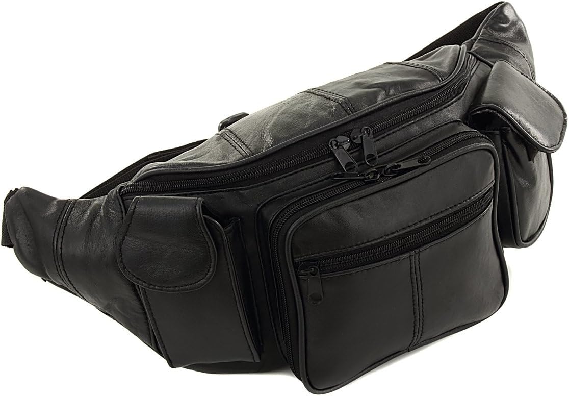 New Large Black 5 Pocket Leather Fanny Fannie Waist Lumbar Hip Pack Bag With Dual Cellphone Pockets and Organizer