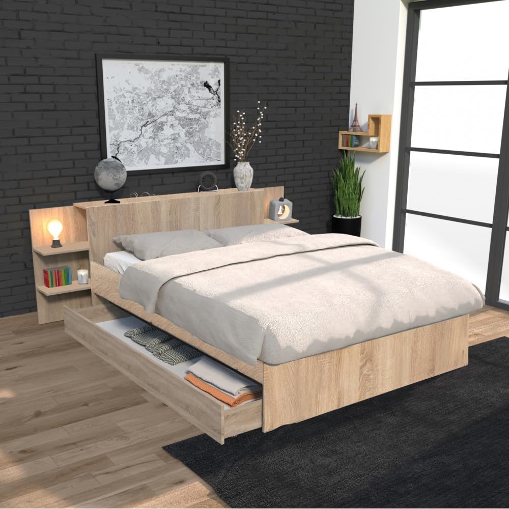 WEBER INDUSTRIES Lit City 140x190 + tête de lit Chevet + 1 tiroir/Décor Chêne Blanchi