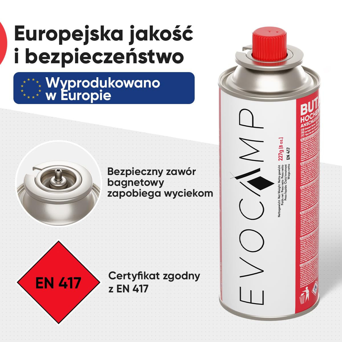 EVOCAMP 16 sztuk butanowych nabojów gazowych 227 g, typ MSF-1a, zawór bagnetowy, idealny do kuchenki kempingowej, ogrzewania gazowego, palnika do chwastów, na kemping, gaz butanowy, uniwersalna puszka