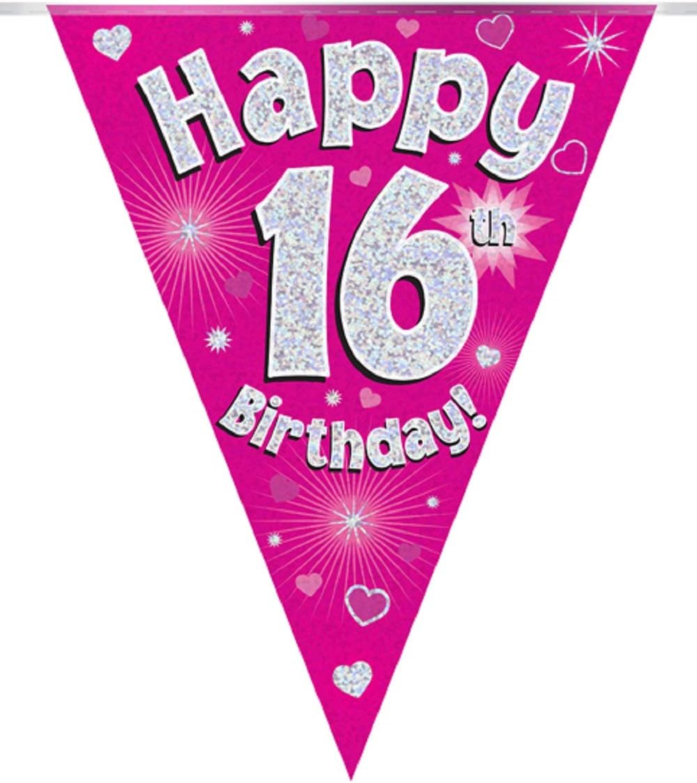 OAKTREE UK 630727 Party Bunting Happy 16th Birthday Pink Holographic 11 Flags 3.9m
