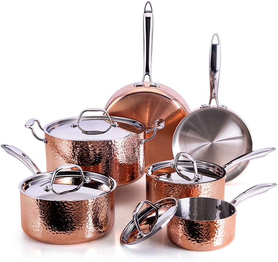 Oprah Suggested Her Favorite Things - Fleischer & Wolf Seville Series Cookware Set (10-Piece) - Tri-ply Hammered Stainless Steel Copper-Oven and Grill safe Kitchen Pots and Pans Set
