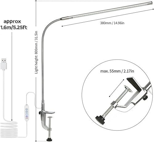 Miniatura 8 de lishumei Lámpara de escritorio con abrazadera, 8 W, 3 modos, 10 brillo, rotación de 360, luz de lectura para cuidado de los ojos y lámparas LED UV