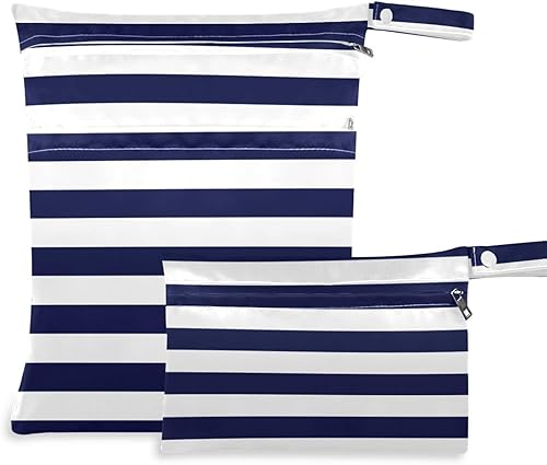 Kigai Paquete de 2 bolsas para ropa húmeda y seca a rayas azul marino, impermeable, reutilizable, con bolsillo con cremallera para viajes, playa,