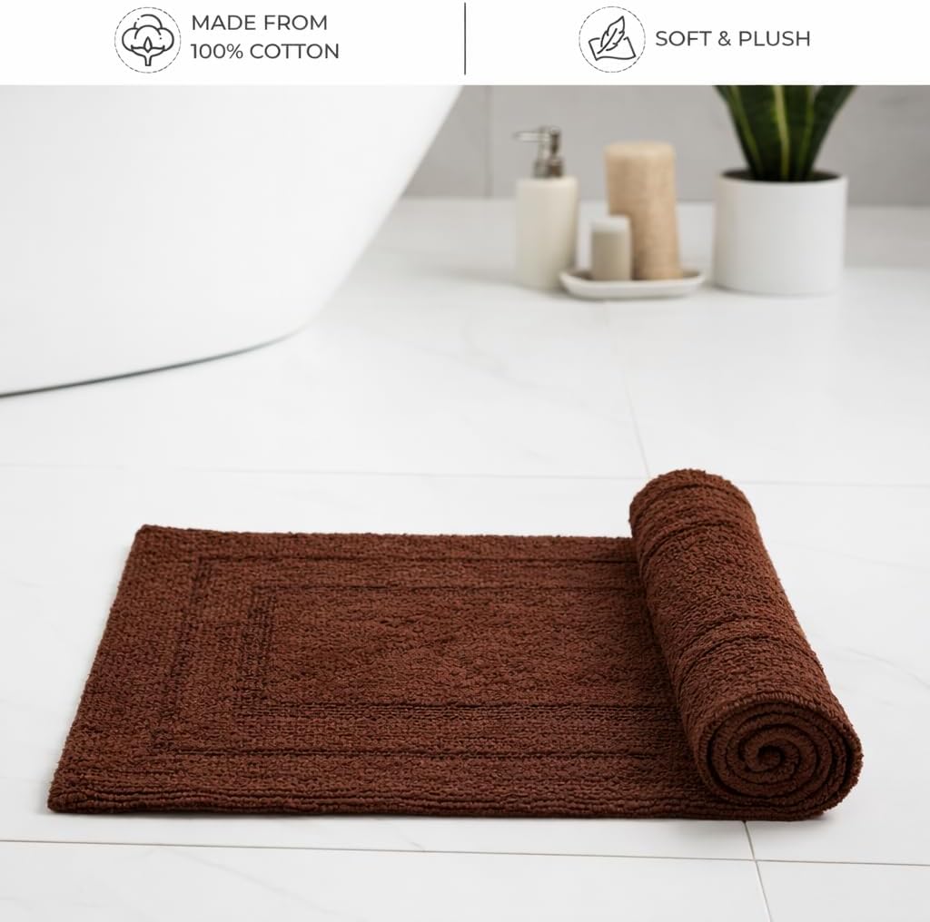 100% Cotton Bath Mat, Soft Plush Reversible Bathroom Rug, Absorbent Quick Dry Anti-Skid Machine Washable 20x32 Inch Bath Mats for Bathroom, Bath Mats for Shower (Brown)