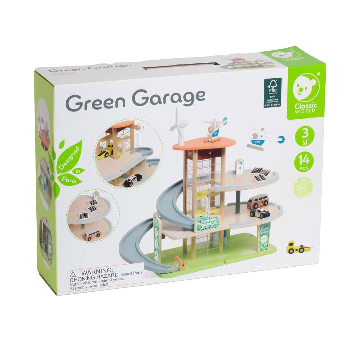 Classic World Holzspielzeug Garage nachhaltig mit Zubehör 19-teilig.