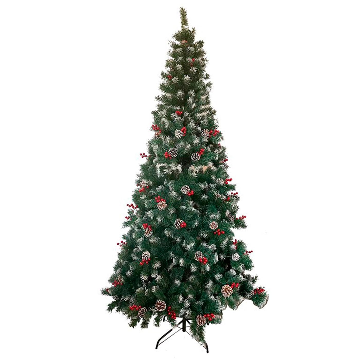 Tradineur - Árbol de Navidad con piñas y Bayas, Pino Artificial Verde con Puntas Blancas, Estructura de plástico y Metal Revestido, Robusto y Duradero, fácil Montaje, 210 cm