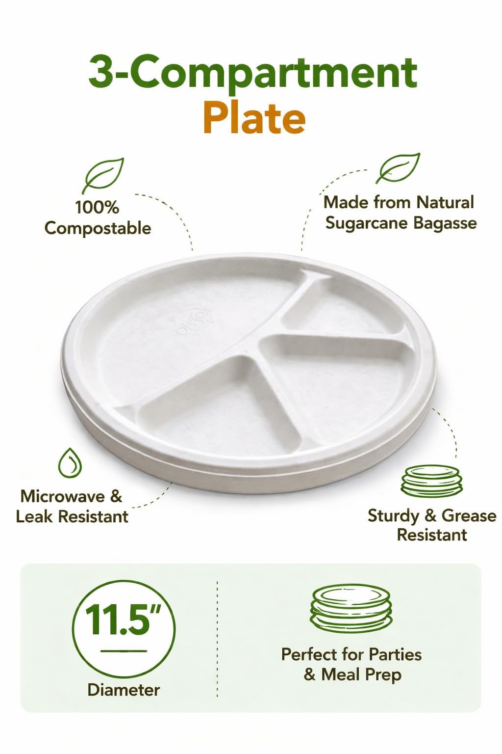 Eco-Friendly Biodegradable Bagasse 3-Compartment Disposable Plates | Pack of 50 11 inch Heavy-Duty Round Partitioned Plates for Parties, Picnics & Catering | Sugarcane Fiber Thali | Microwave Safe 2