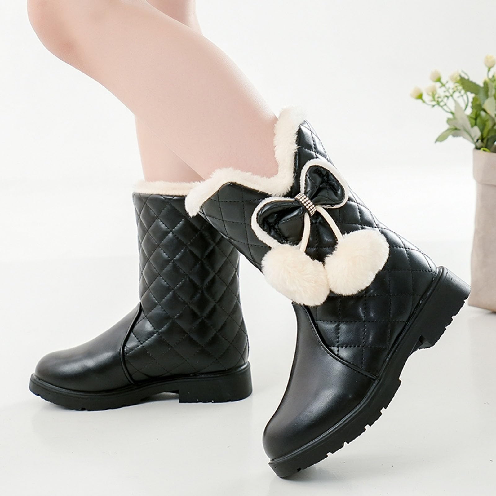 Botas niños fácil Poner Botas de Nieve de otoño e Invierno para niñas, Gruesa, Antideslizantes, cálidas, cómodas, Botas con de Color (Black, 28.5 Little Child)