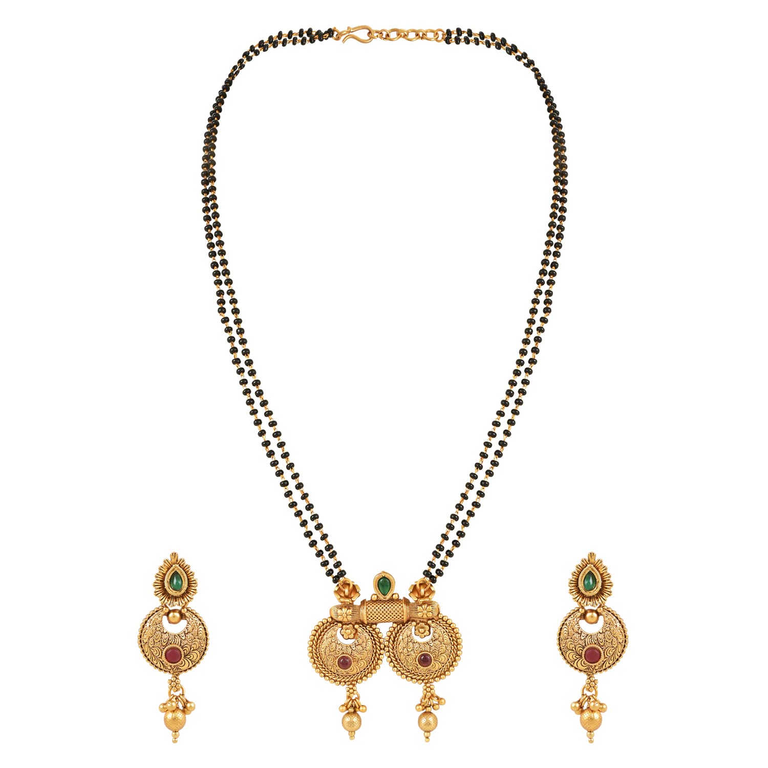 I JewelsGold Plated Traditional Long Black Pearl Bedded Brass Temple Mangalsutra With Jhumki Earrings Set For Women (D111)