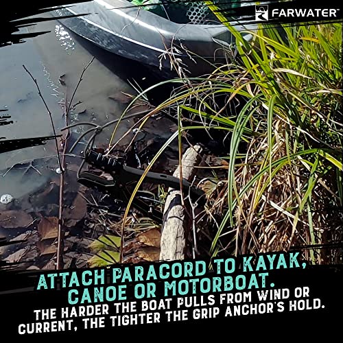 Farwater Canoe Anchor Grip - Boat, Float Tube & Kayak Fishing Accessories, Kayaking Equipment - Brush Clamp Anchor With Teeth - Gripper With 15Ft Paracord - Rubber Grips - Coated Steel - Black #TOP3