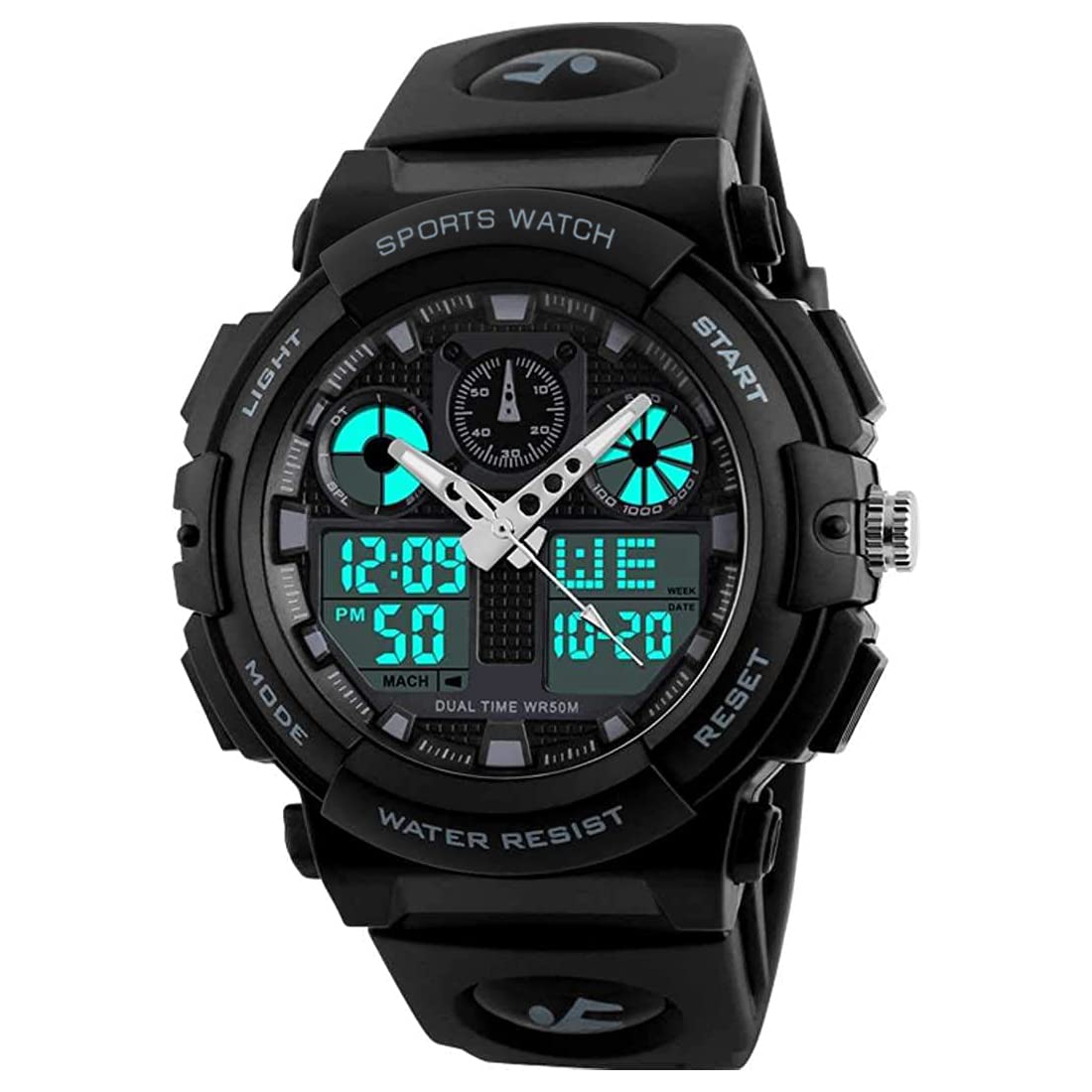 Analog-Digital Sports Wrist Watch with Calendar (Time, Day & Date), Back Light, Multifunction, Multi-Time Zone, WaterResistant, Stopwatch, Black, strap