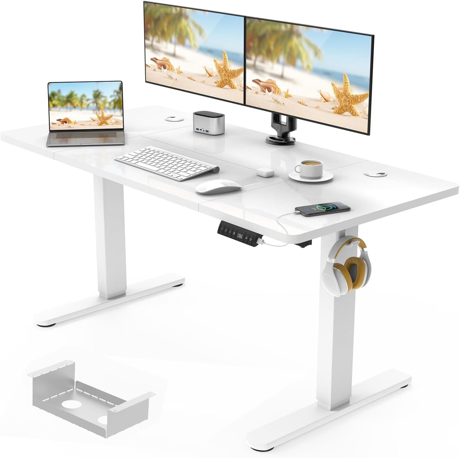 Devoko 120 x 60cm Electric Standing Desk with USB Charging Port (New Sedentary Reminder), Height Adjustable Standing Desk with Cable Tray, Small Sit Stand Desk for Home Office (White)