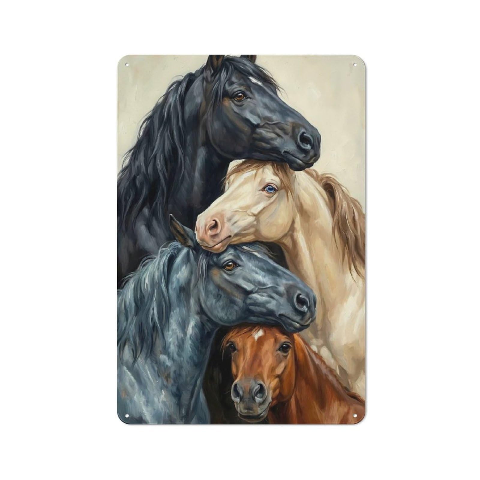 Junmoney Style-3 Stacked Horses Portrait Rustic Tin Wall Plaque 30X20cm For Hobby Room Or Studio, A Christmas Gift For People Styling Hobby Room And Studio