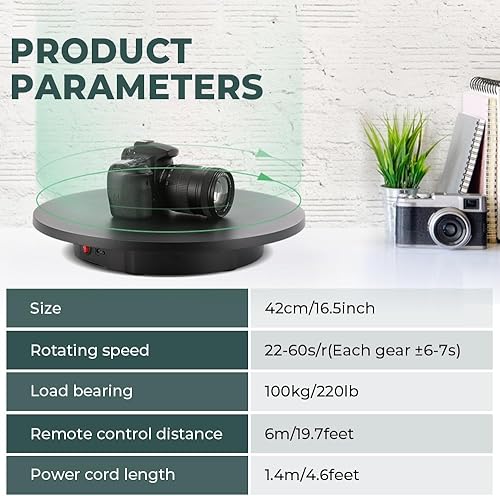 Miniatura 8 de Tocadiscos de fotografía de 16.5 pulgadas220 libras, soporte de exhibición giratorio motorizado de 360 grados con control remoto, tocadiscos