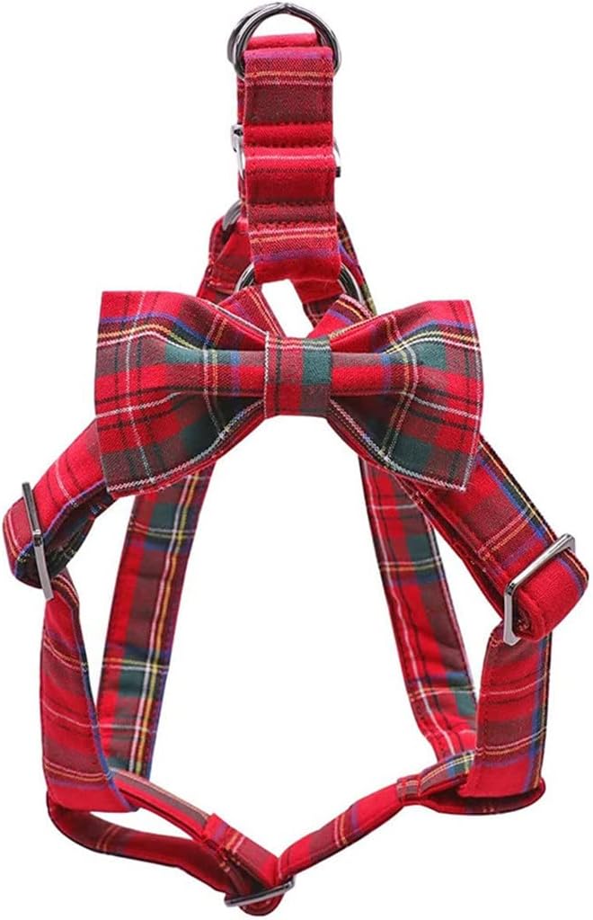 Cotton Red Plaid Christmas Dog Harness with Bowtie and Basic Leash Adjustable Buckle Pet Supplies