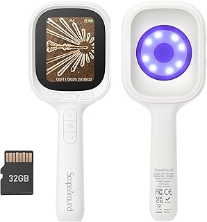 ScopeAround 디지털 현미경, 자동 초점 휴대용 현미경, 2.8인치 IPS 스크린 및 LED가 있는 돋보기, 휴대용 돋보기, 32GB MicroSD 메모리 카드, 맥/윈도우와 호환