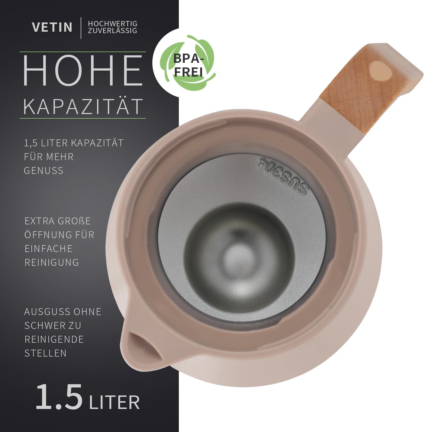 VETIN Termo con colador de té de 1,5 l de acero inoxidable 304, jarra térmica | A prueba de fugas, 10 h caliente y 16 h frío, para té, café y bebidas frías