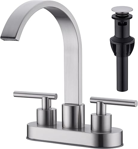 Grifo de níquel cepillado con boquilla giratoria cuadrada de cascada para baño, 2 manijas de 4 pulgadas, con montaje de drenaje y líneas de