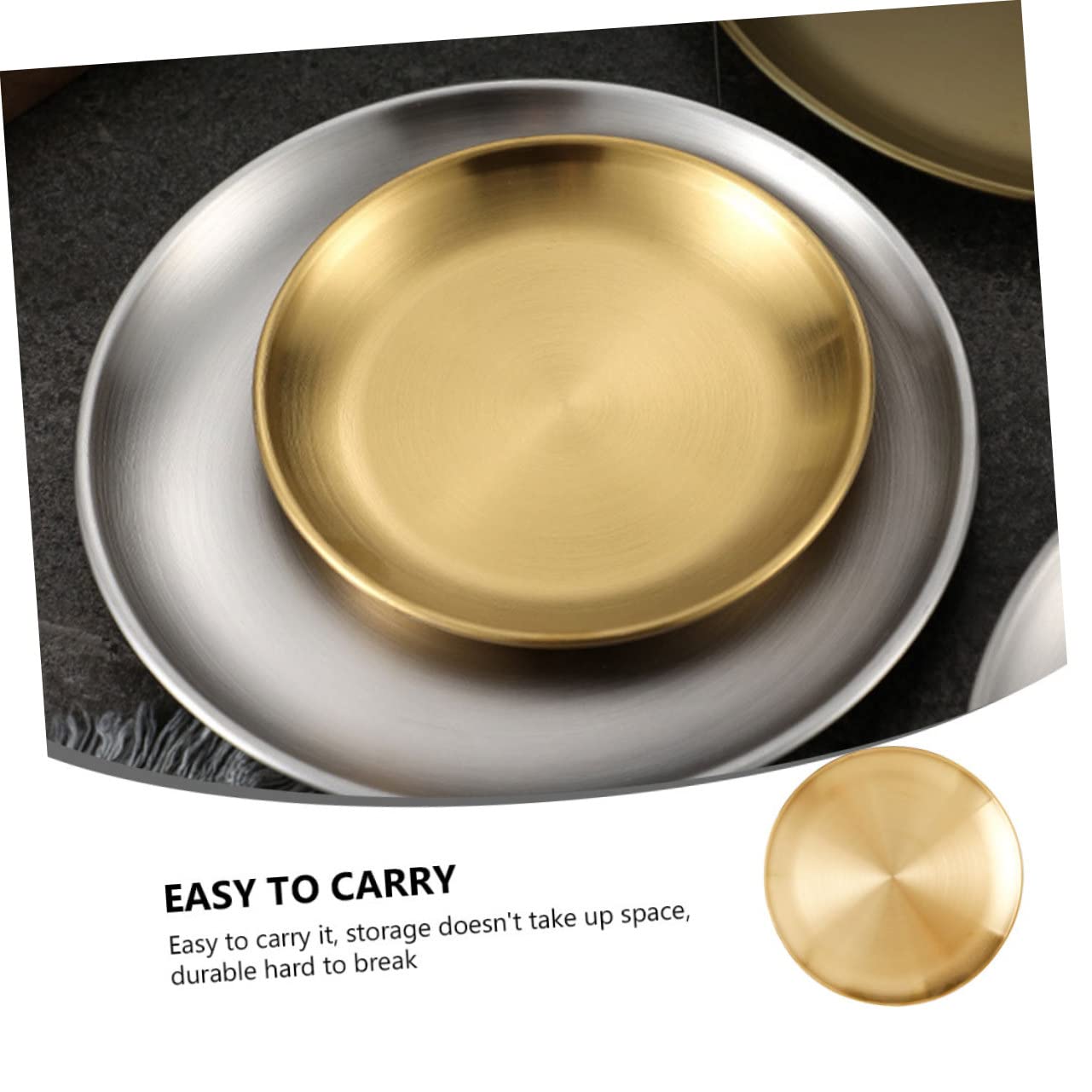 DINHEAROM 1pc Stainless Steel Food Serving Plate Round Barbecue Tray Golden Finish Lightweight Stackable for Bbq Picnics Parties Camping Outdoor Use Versatile Vegetable Dessert Dish