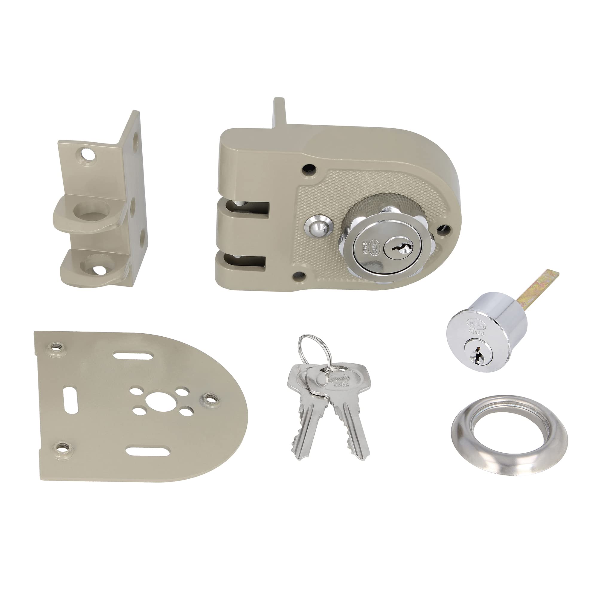 Amig - Aufschraubschloss DIN links mit Schließhebel, Falle und Ziehgriff für Holztüren Mod. 1396-60 mm - Riegel mit Innen- und Außenzylinder - Stahl beige