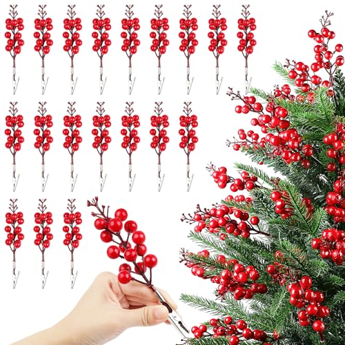 Fangoo 20 Piezas Decoración Artificiales Bayas Rojos con Clips Bayas de Acebo Artificiales para Adornos para el Arbol de Navidad Fêtes D'anniversaire Activités Manuelles Décoration Intérieure