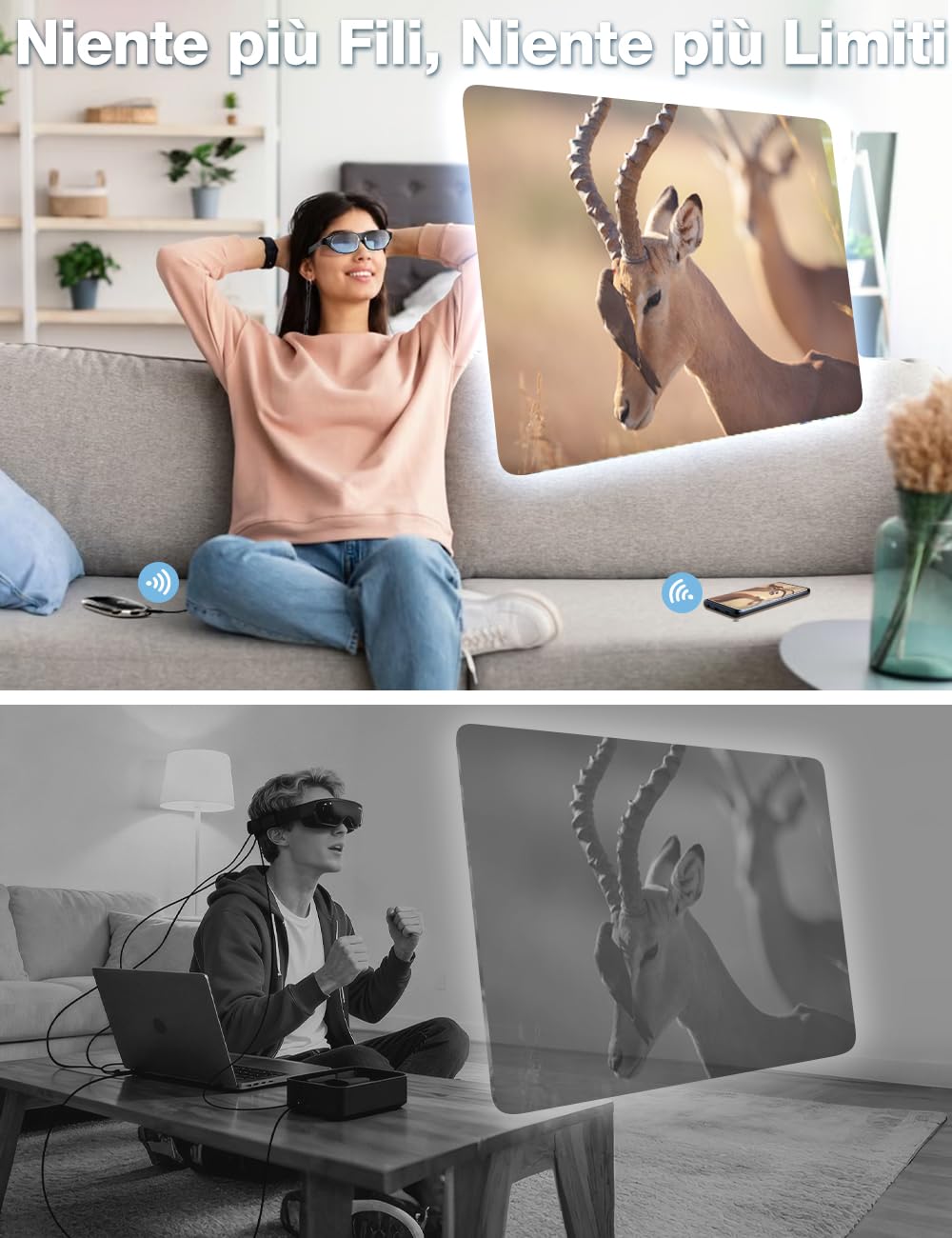 AIMIBO Adattatore Display Wireless con Batteria 5000mAh, Porte HDMI e USB-C, Decodifica 4K 1080P@60Hz, Dongle HDMI Supporta AirPlay Miracast DLNA per Smartphone Laptop a Occhiali AR TV Proiettore, 30m