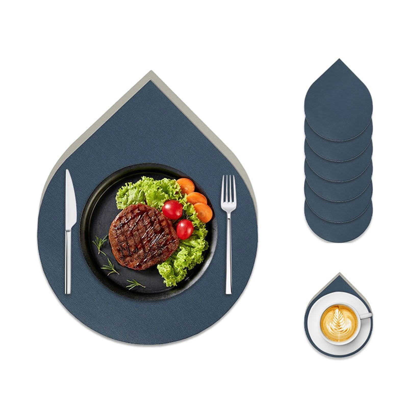 Tovagliette Americane e Sottobicchieri Set di 8, Tovagliette Cucina Impermeabili Pelle Reversibile Bicolore Forma di Goccia d'acqua, 38x46 cm e 10x12 cm