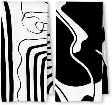 Abstract Black and White Kitchen Towels Set of 2, Modern Minimalist Wavy Line Art Dish Tea Towels for Kitchen, Contemporary Decor Hand Towels for Bathroom, 16x24 Inches