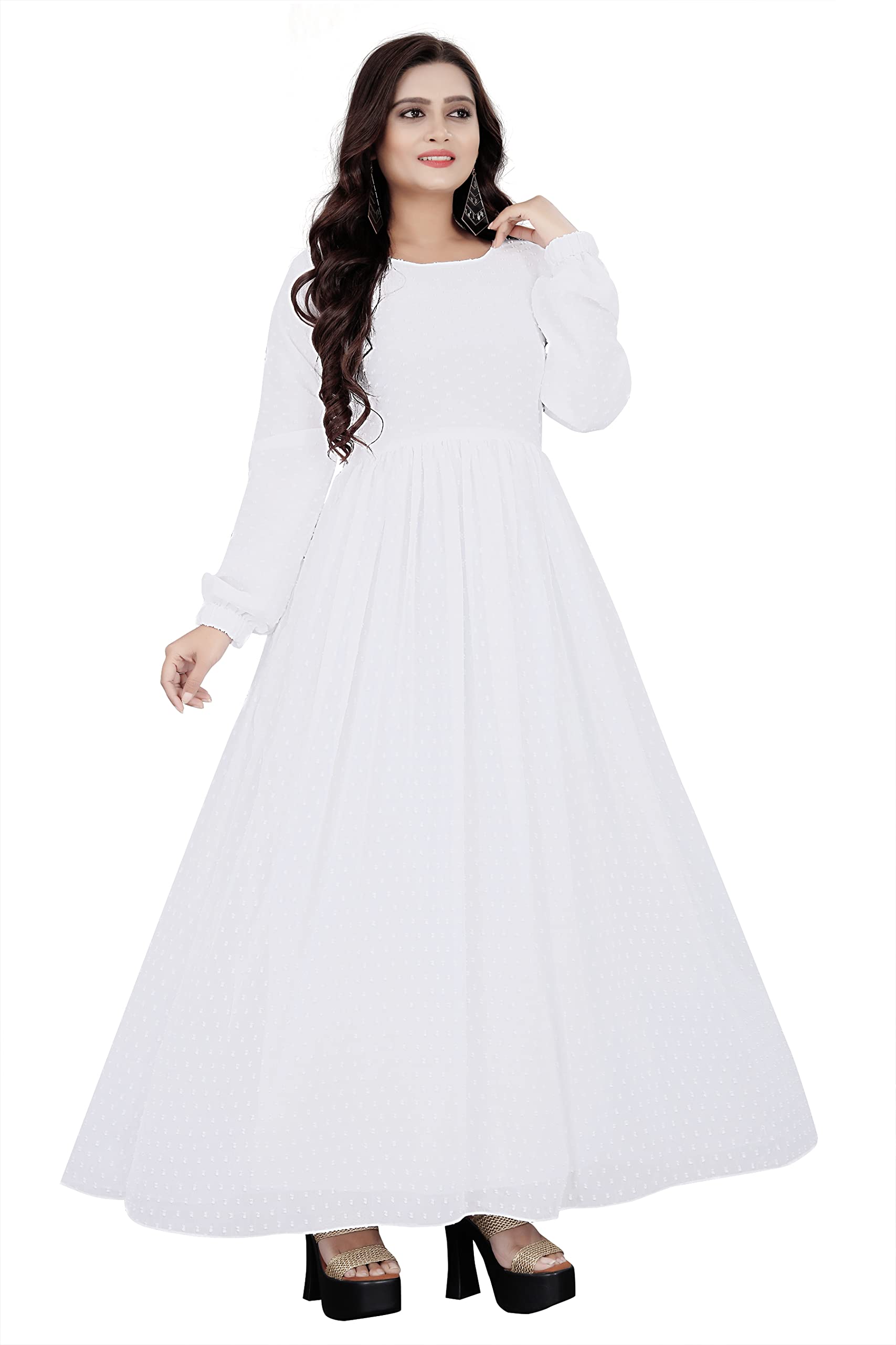 bhavyata Maxi Dress Full Stitched Long White Dress Gown One Piece for Women & Girls-picture-45