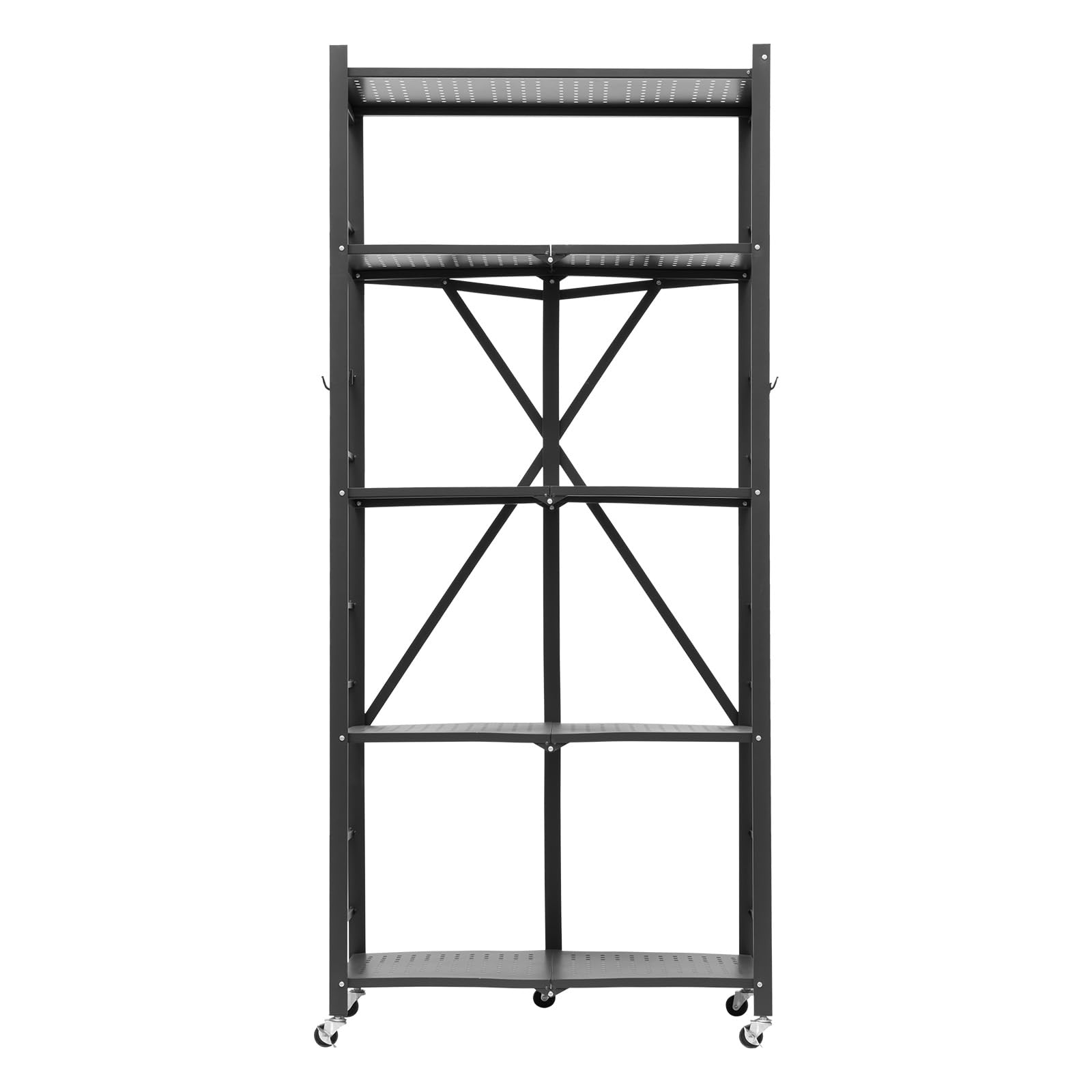 VEVOR Scaffale Portaoggetti Pieghevole a 5 Ripiani con Ruote, Scaffale in Metallo Pieghevole, Robusto Resistente Senza Montaggio, Ideale per Garage, Cucina, Cantina Nero 380 x 710 x 1630 mm