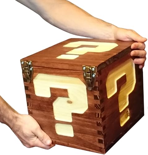 Mario Bros Power Up Box de tamaño real, almacenamiento funcional de 10 x 10 x 10 pulgadas, bloque de preguntas de madera hecho a mano, decoración