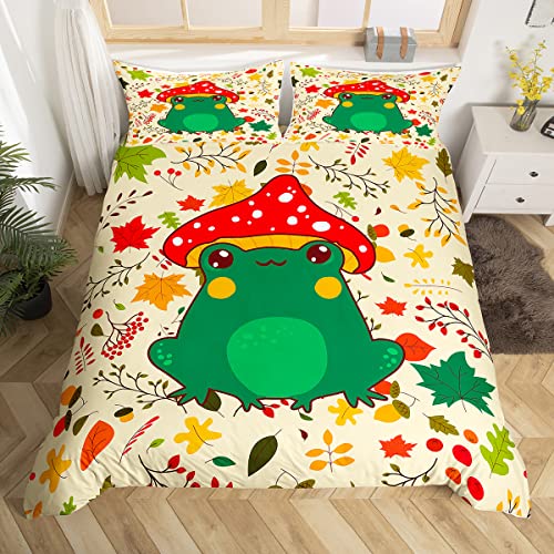 Cartoon Mushroom Frog Duvet Cover Set Twin Size,Cute Kawaii Green Animal Comforter Cover For Kids Boys Bedroom Gift,Autumn Maple Leaves Hazelnut Plant Bedding Set With 1 Pillowcase, Polyester #TOP12