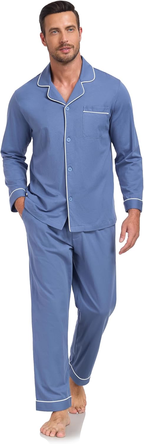 COLORFULLEAF Men's 100% Cotton Pajama Sets Breathable Long Sleeve Pjs Mens Cotton Sleepwear With Pockets - Image 8