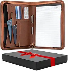 Forevermore Portfolios Pasta Padfolio - Bolsa organizadora profissional de couro sintético para tablet, documentos, pastas de apresentação, fecho de zíper, bloco de notas - marrom