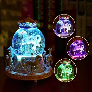 Carousel Horse Music Box Snow Globe Color Changing LED Light Luminous Rotating Music Box Birthday Gift for Friends Children