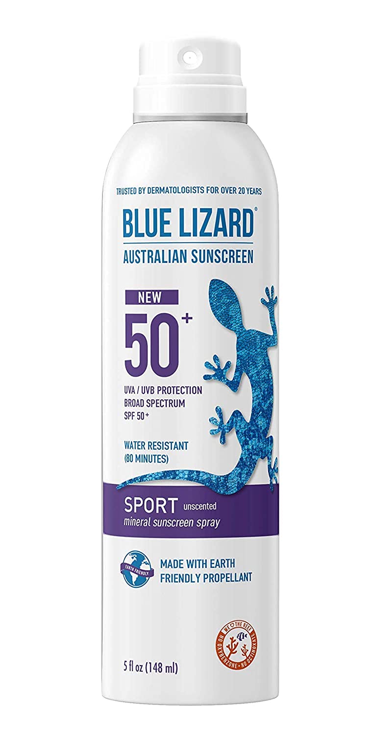 BLUE LIZARD Sport Mineral Sunscreen Spray SPF 50+, Dermatologist-Recommended Brand, Broad-Spectrum UVA/UVB Protection, Water-Resistant, Zinc Oxide Formula, Vegan, 5 fl oz