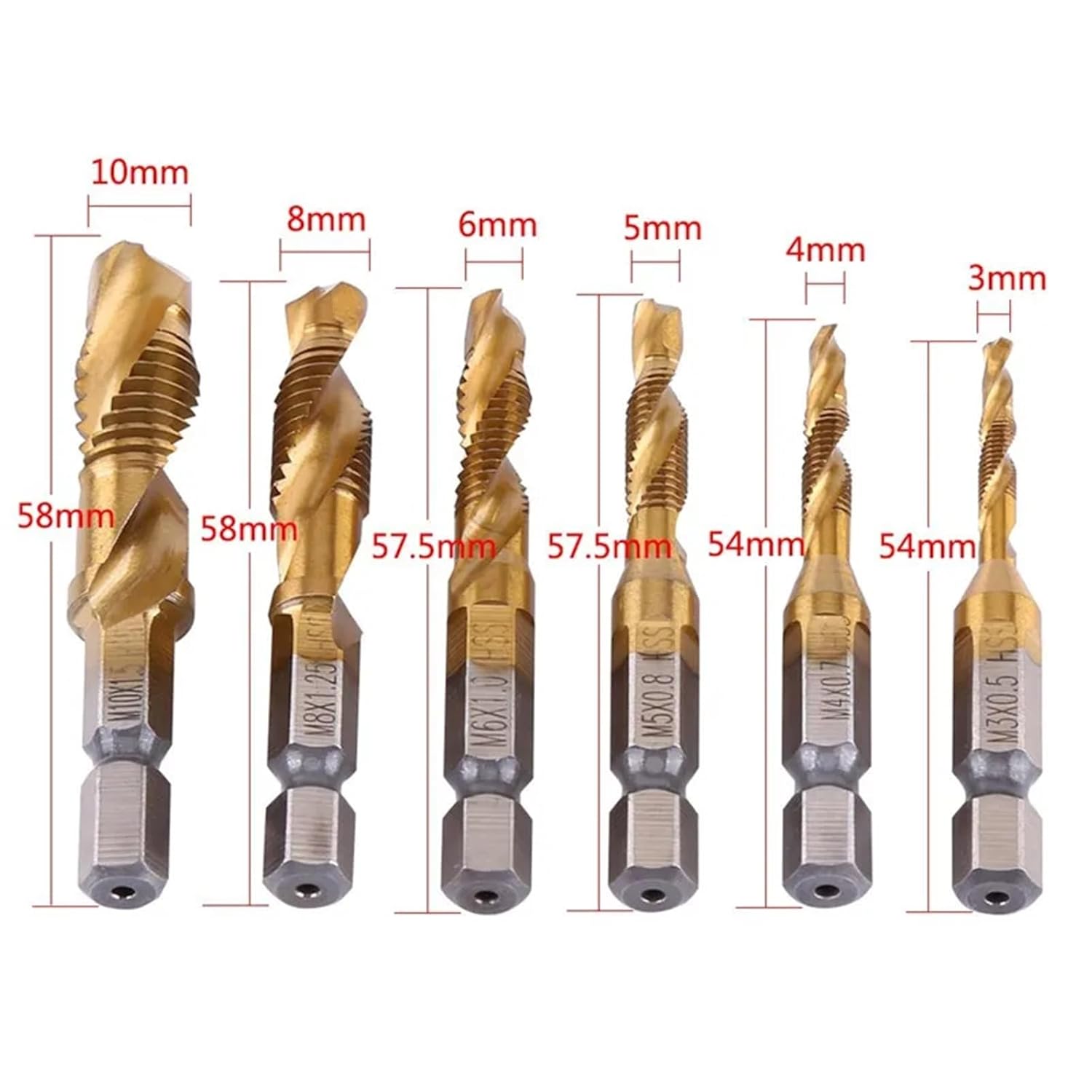 6Pcs Tap Coated Drill and Tap Set Metric Thread HSS M3-M10 Screw Tapping bit Tool 1/4 Hex Shank Hand Tools