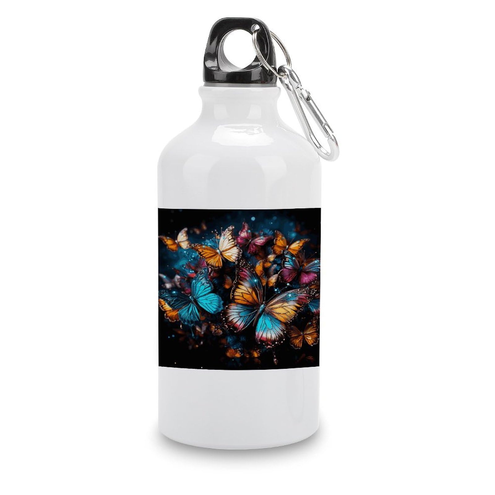 Colorful Butterflies Flying Around on Black Background Water Bottles Sublimation Aluminium Water Bottle with Lid&Hook Lightweight Leak Proof Travel Bottles Reusable Sports Water Bottle Hydration Flask