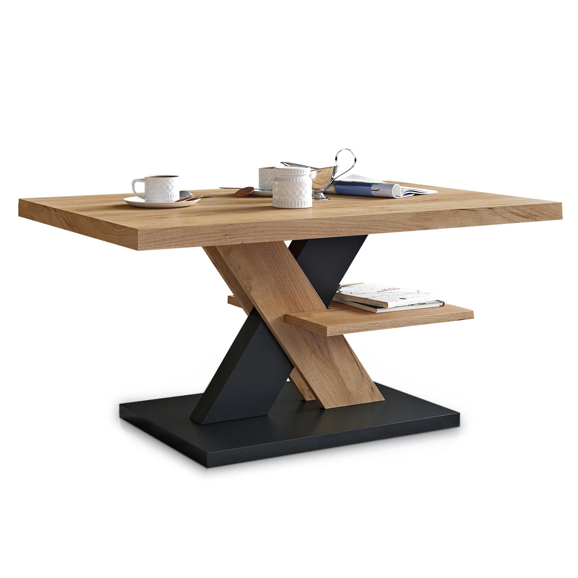 Viosimc Couchtisch, Moderner Wohnzimmertisch, Modern Möbel Wohnzimmer, Kaffeetisch, Sofatisch mit Großer Ablage, Beistelltisch für Tee und Kaffee – Coffee Table for Living Room - Eiche & Schwarz