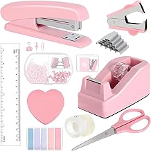 OHAOLYLE Pink Office Supply Set Kit d'accessoires de bureau Include Stapler, 1000 pcs Staples, Stapler Remover, Clips, Ruban, Support de bande, Ciseaux, R&egrave;gle et Onglets