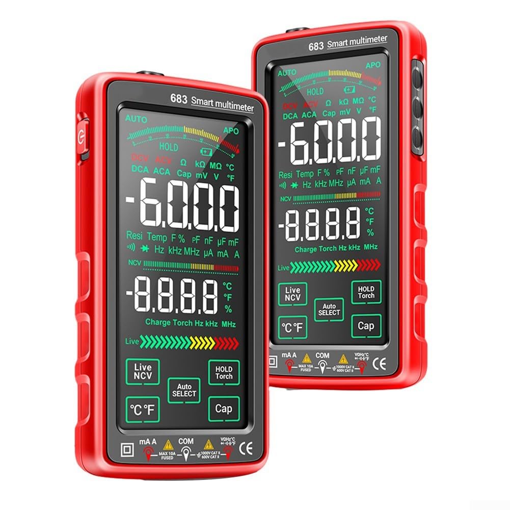 Multimetro digitale a schermo intero 683 con touch screen, 6000 conteggi, batteria ricaricabile USB al litio, tester di tensione senza contatto NCV torcia e cavi di prova in silicone per Ele
