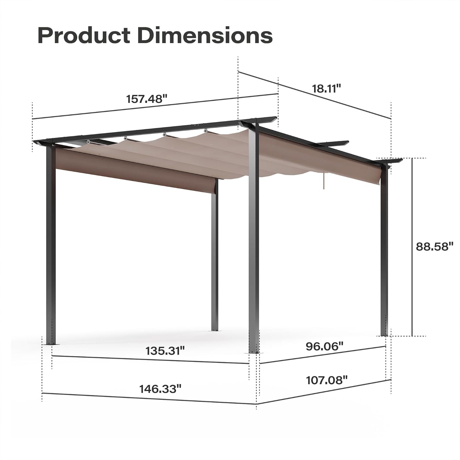 Diagram illustrating the dimensions of the LAUSAINT HOME 10' x 13' retractable pergola.